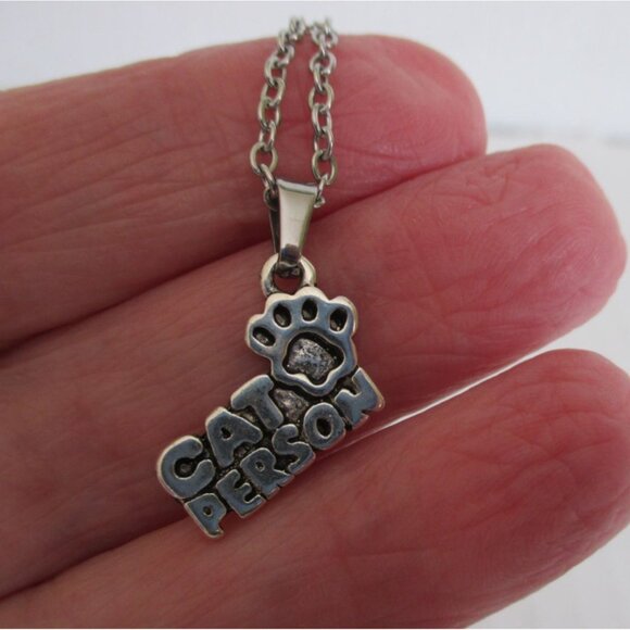 New Cat Person with Paw Pendant Necklace on 18" Stainless Chain Cat Lover Gift - Picture 2 of 6